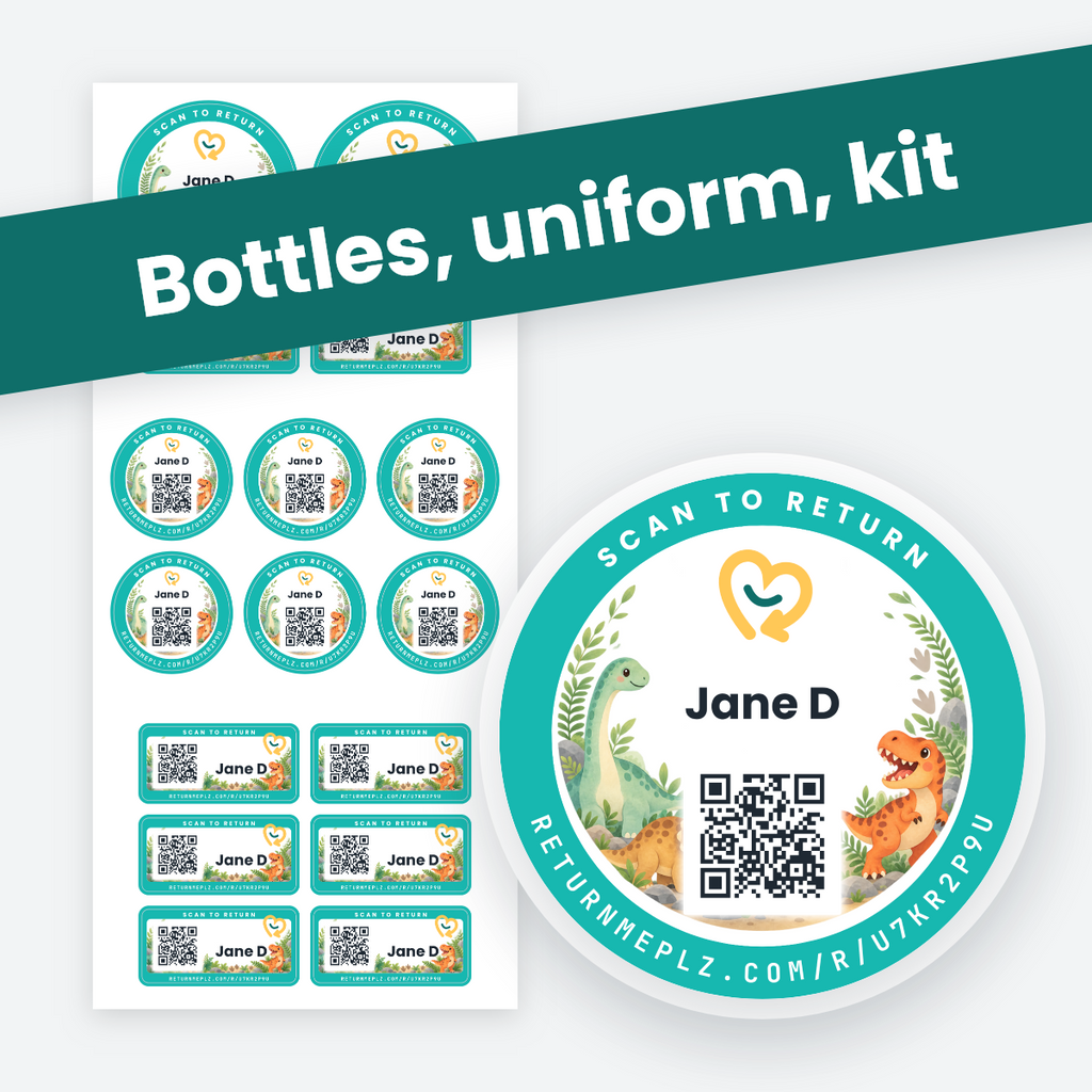 Family Pack in Dino friends, with an example name. Best for bottles, uniform, kit.