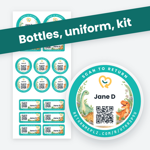 Family Pack in Dino friends, with an example name. Best for bottles, uniform, kit.