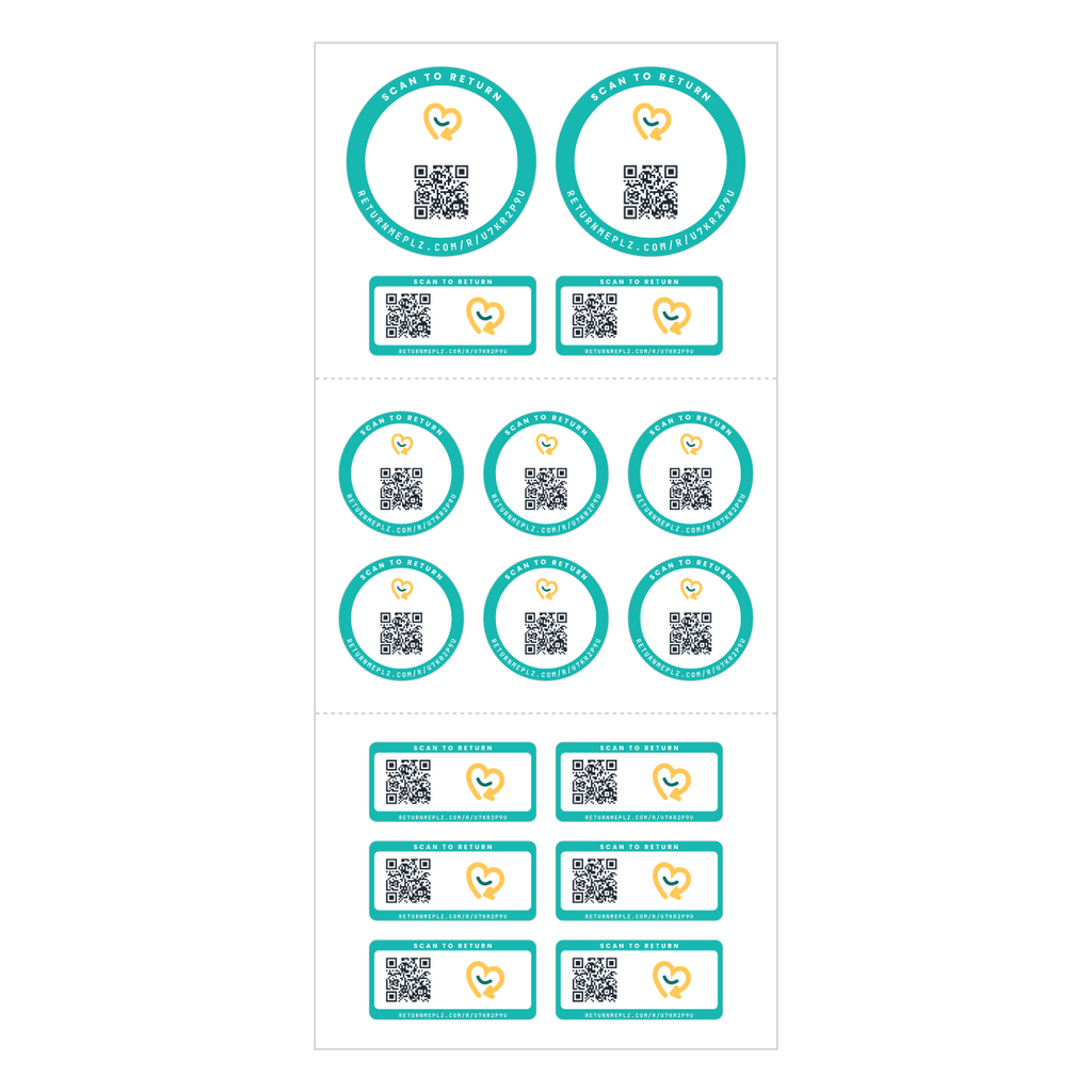 Family Pack sticker sheet: 2 large round, 6 small round and 8 rectangle QR name stickers, shown plain