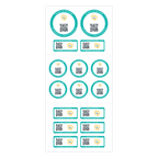 Family Pack sticker sheet: 2 large round, 6 small round and 8 rectangle QR name stickers, shown plain