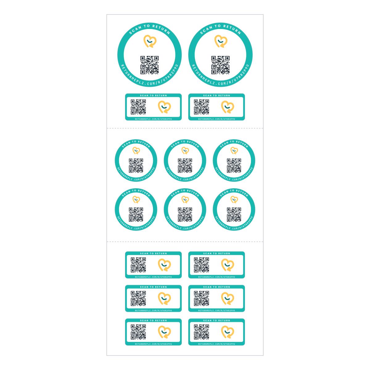 Family Pack sticker sheet: 2 large round, 6 small round and 8 rectangle QR name stickers, shown plain