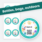 Large Round Stickers in Space friends, with an example name. Best for bottles, bags, outdoors.