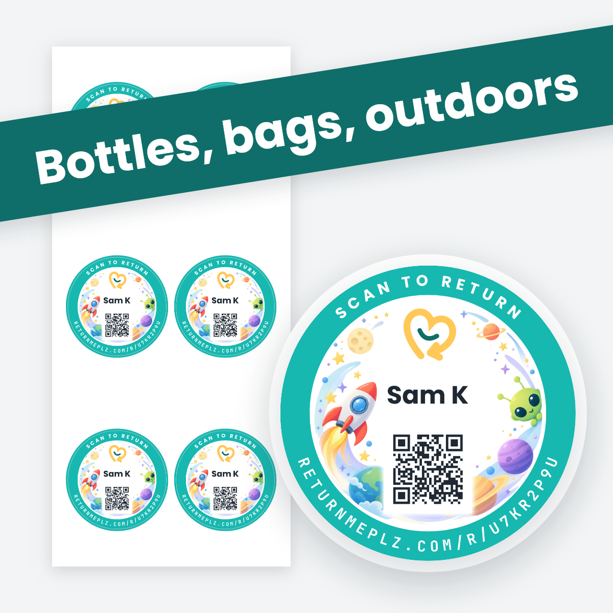 Large Round Stickers in Space friends, with an example name. Best for bottles, bags, outdoors.