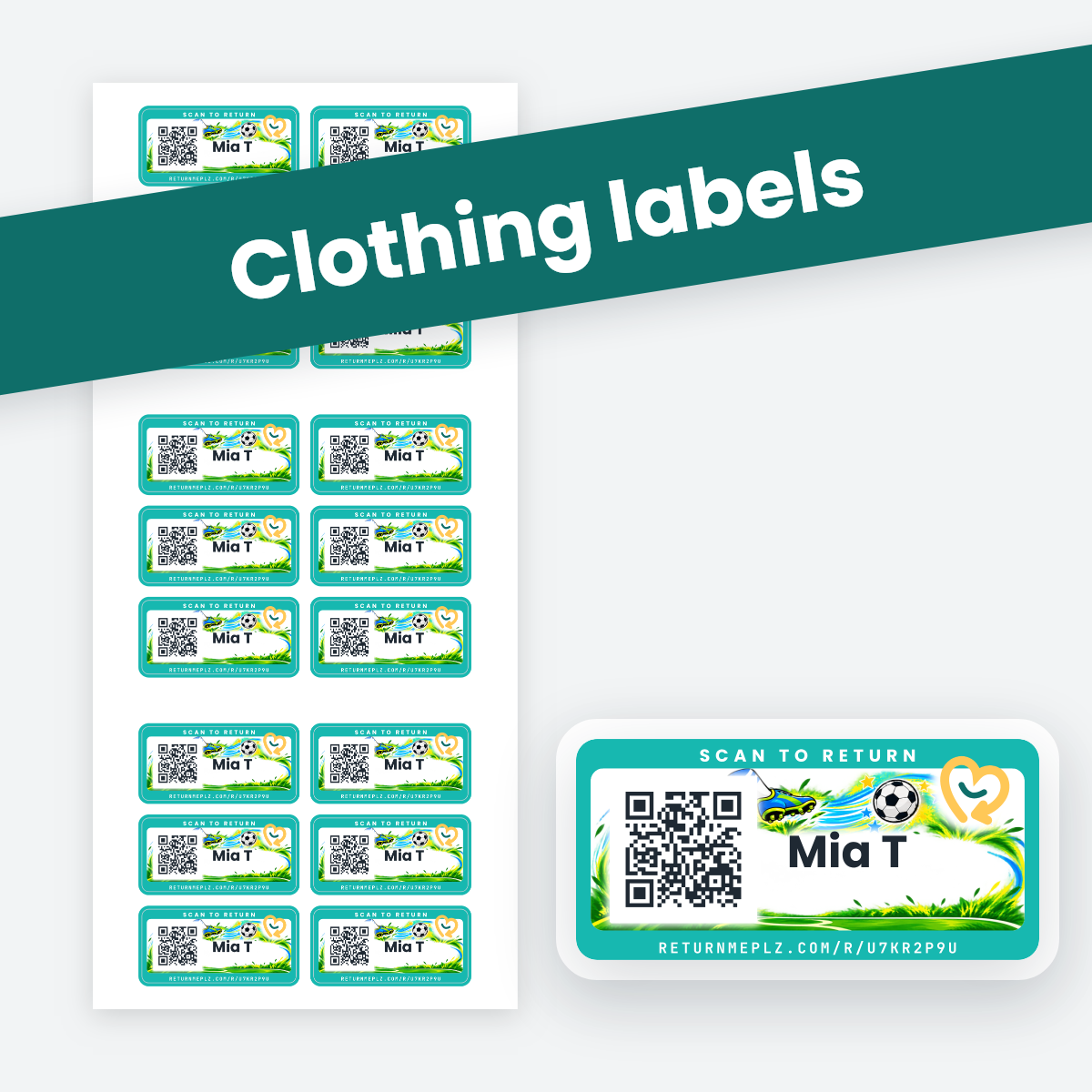 Rectangle Stickers in Football, with an example name. Best for clothing labels.
