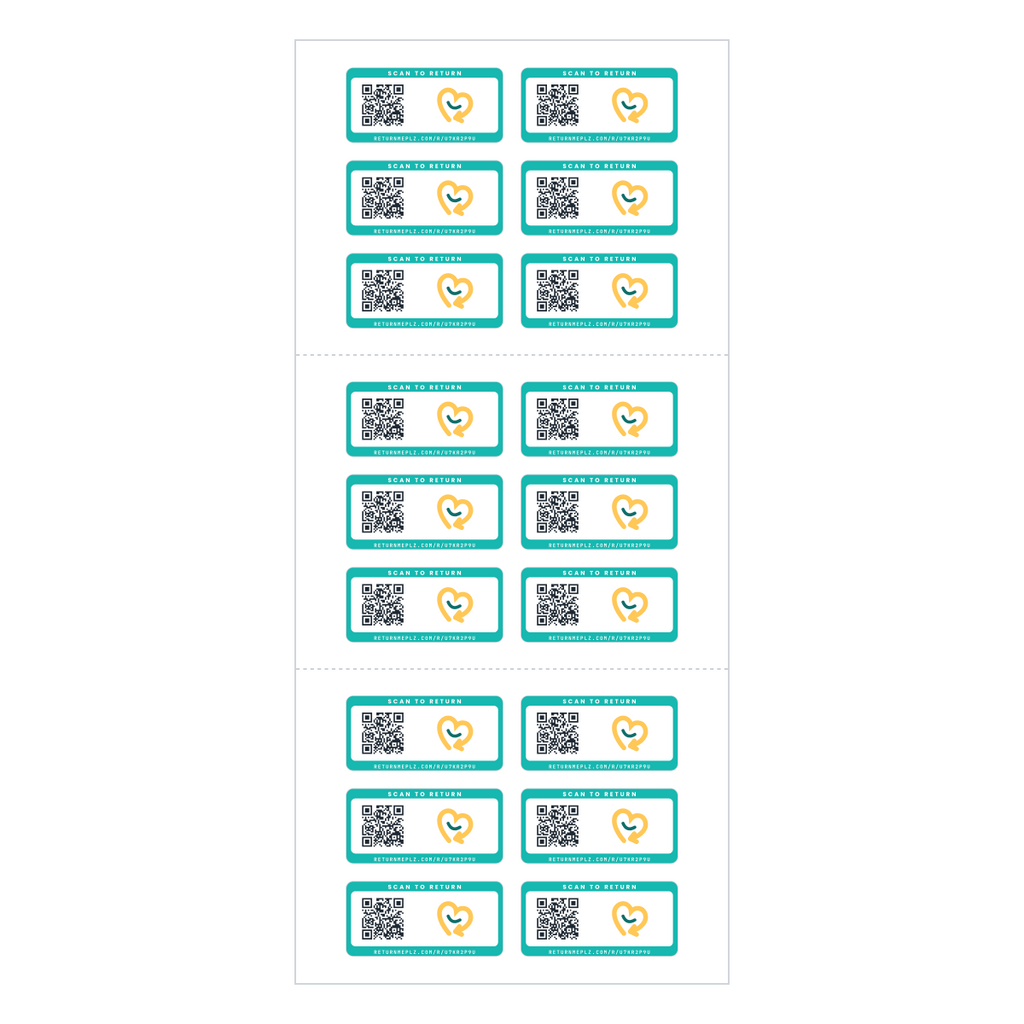 Sheet of 18 rectangle QR name stickers, shown plain