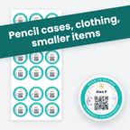 Small Round Stickers in Unicorn scene, with an example name. Best for pencil cases, clothing, smaller items.