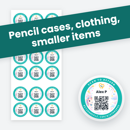 Small Round Stickers in Unicorn scene, with an example name. Best for pencil cases, clothing, smaller items.
