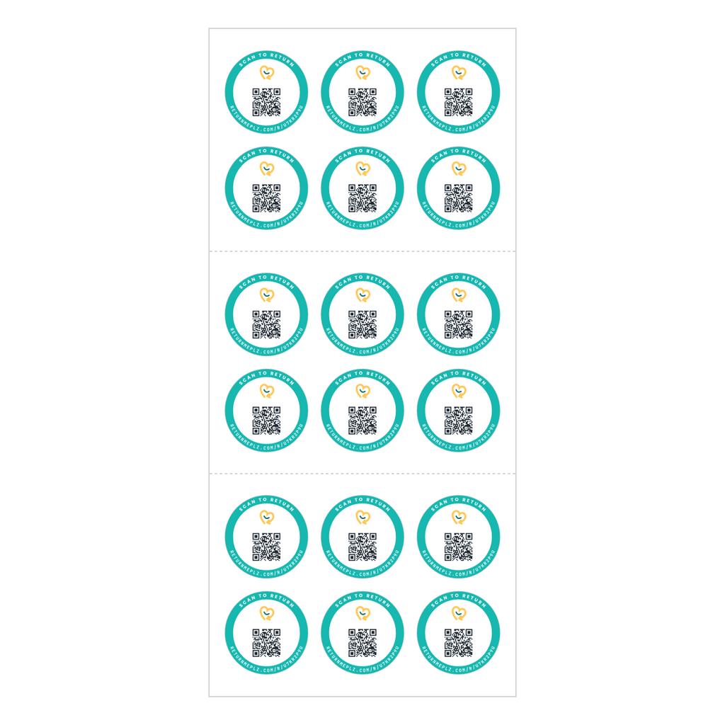 Sheet of 18 small round QR name stickers, shown plain