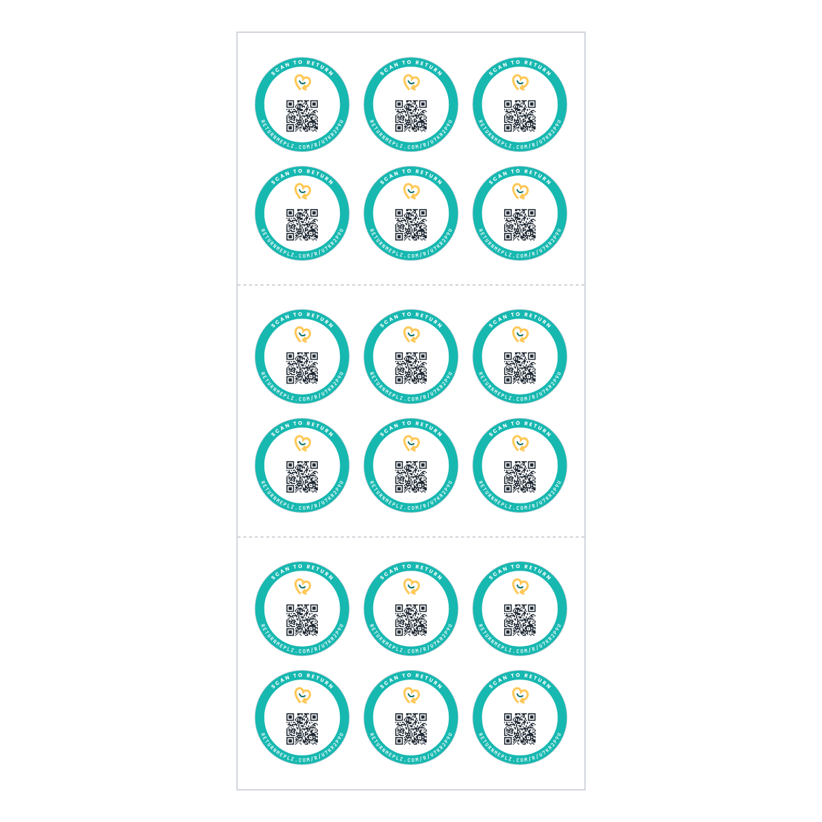 Sheet of 18 small round QR name stickers, shown plain