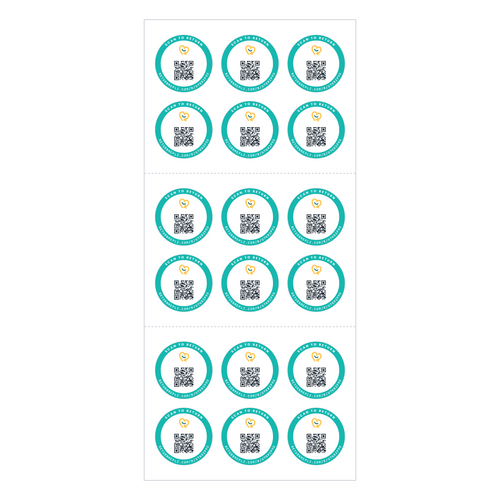 Sheet of 18 small round QR name stickers, shown plain